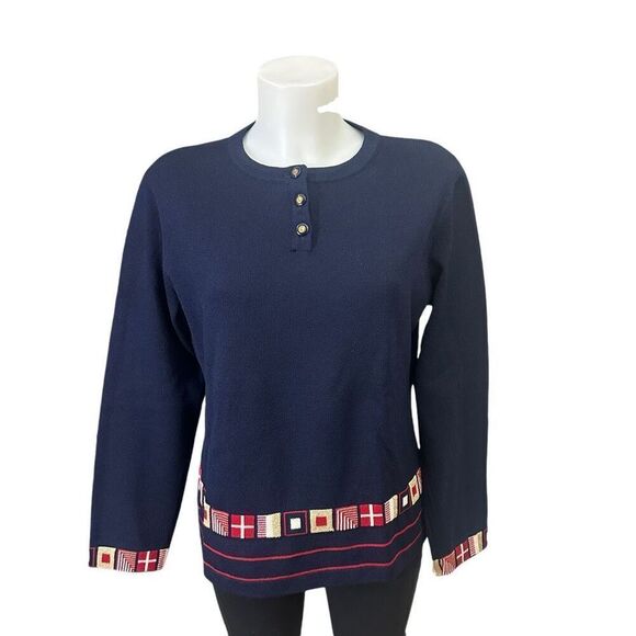 St. John Sport Santana Knit Navy Sweater SJ Buttons Multi color Patch Trim sz S - Picture 1 of 10